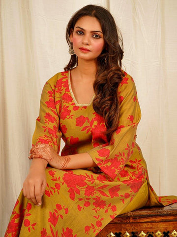 Floral Print Muslin Crepe Kurta Pant Set with Dupatta with Lace on neck Line - Olive Green earthofab