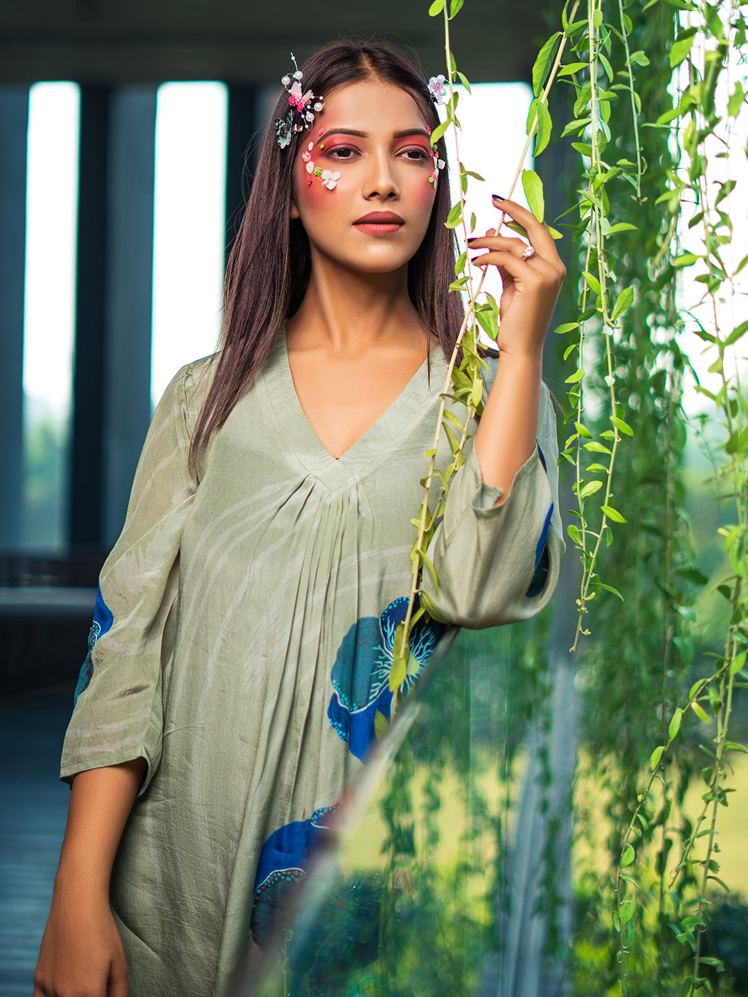 Blue Orchid Flower Print Sea - Green Kurta Set earthofab