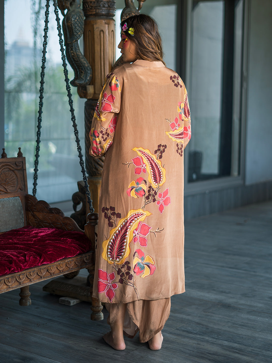 Multi-Color Botanical Leaf Print Peach Kurta Set earthofab