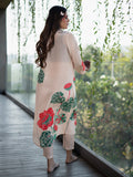 Red & Green Botanical Lotus Flower Print Beige Kurta Set earthofab