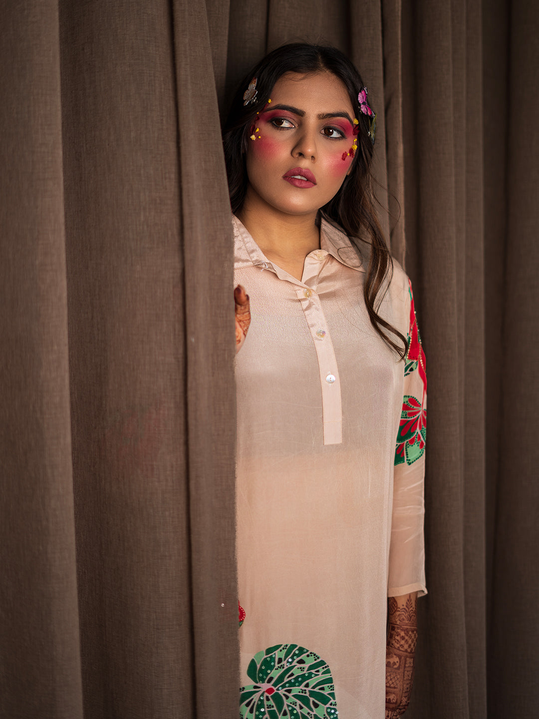 Red & Green Botanical Lotus Flower Print Beige Kurta Set earthofab